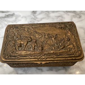 Antique Jennings Brothers Gilt Bronze Jewelry Trinket Box Relief Scene c.1900